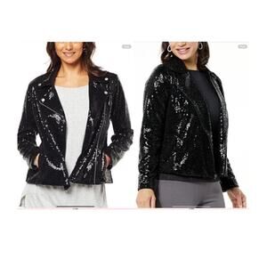 NIB Colleen Lopez Women's Luxe Sequin Moto Jacket Black size small  fast Ship